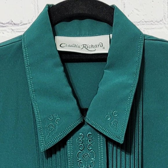 Claudia Richard Green Embroidered Button Front Blouse 10 - Picture 2 of 7